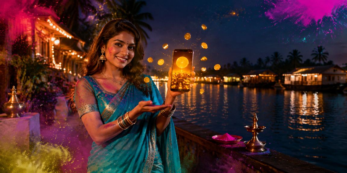 Mobile user browsing cricket betting app in Kerala with neon style