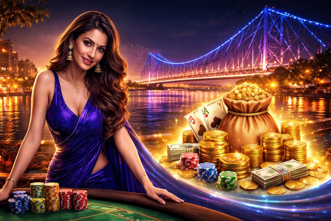 Kolkata Howrah Bridge with blue-gold neon casino app theme
