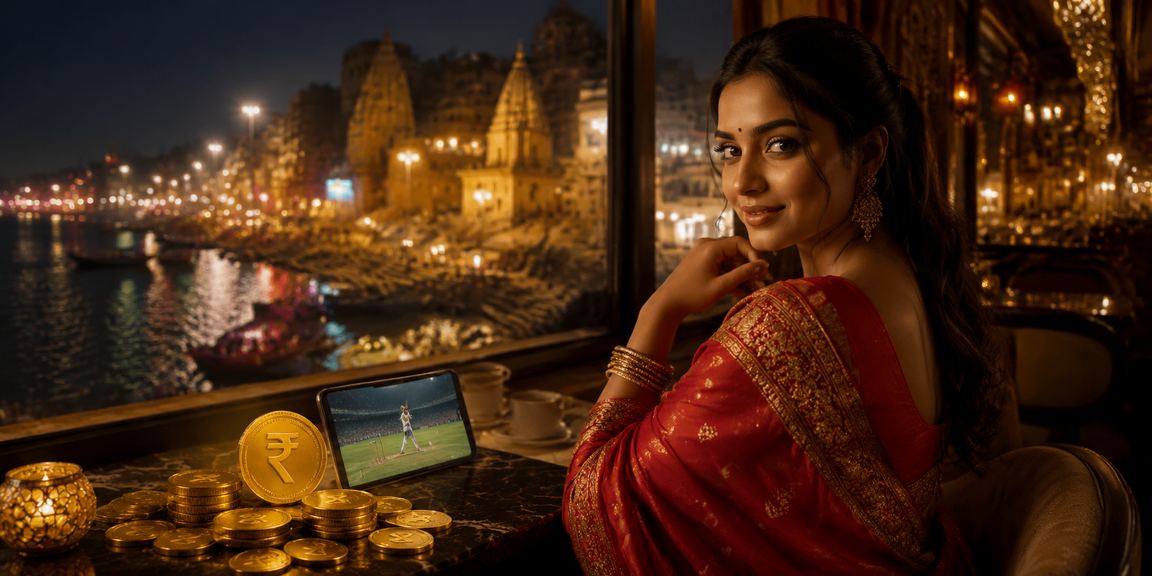 Evening cricket betting scene at a busy Varanasi ghat with gaming on mobile devices